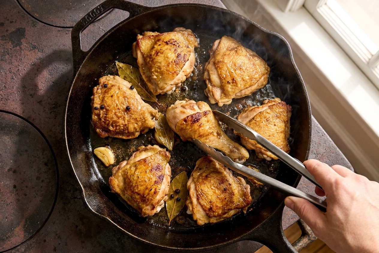Chicken thighs and drumsticks browning in a dark skillet on a stovetop with visible golden edges