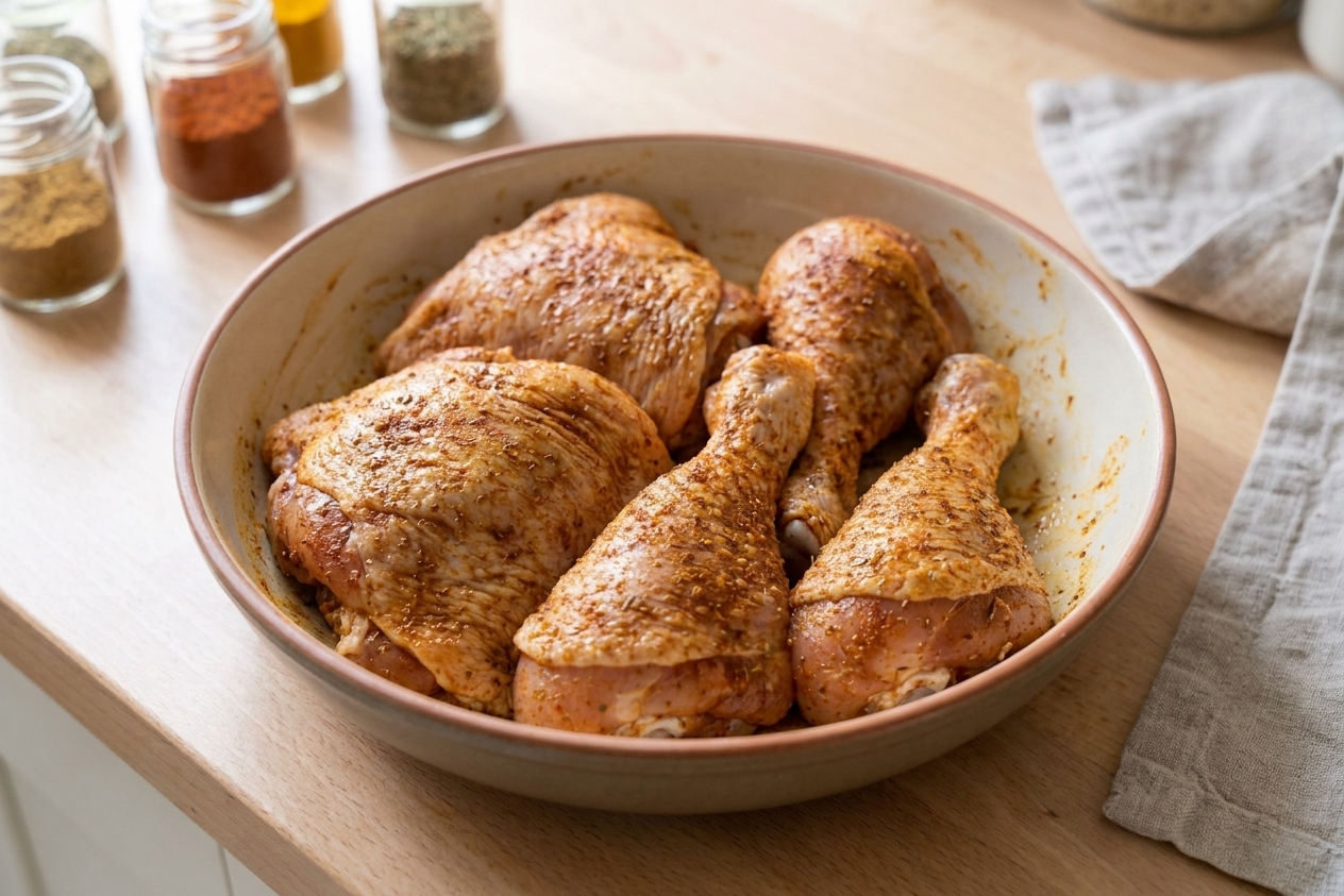 Chicken thighs and drumsticks coated in spices in a large bowl on a kitchen counter
