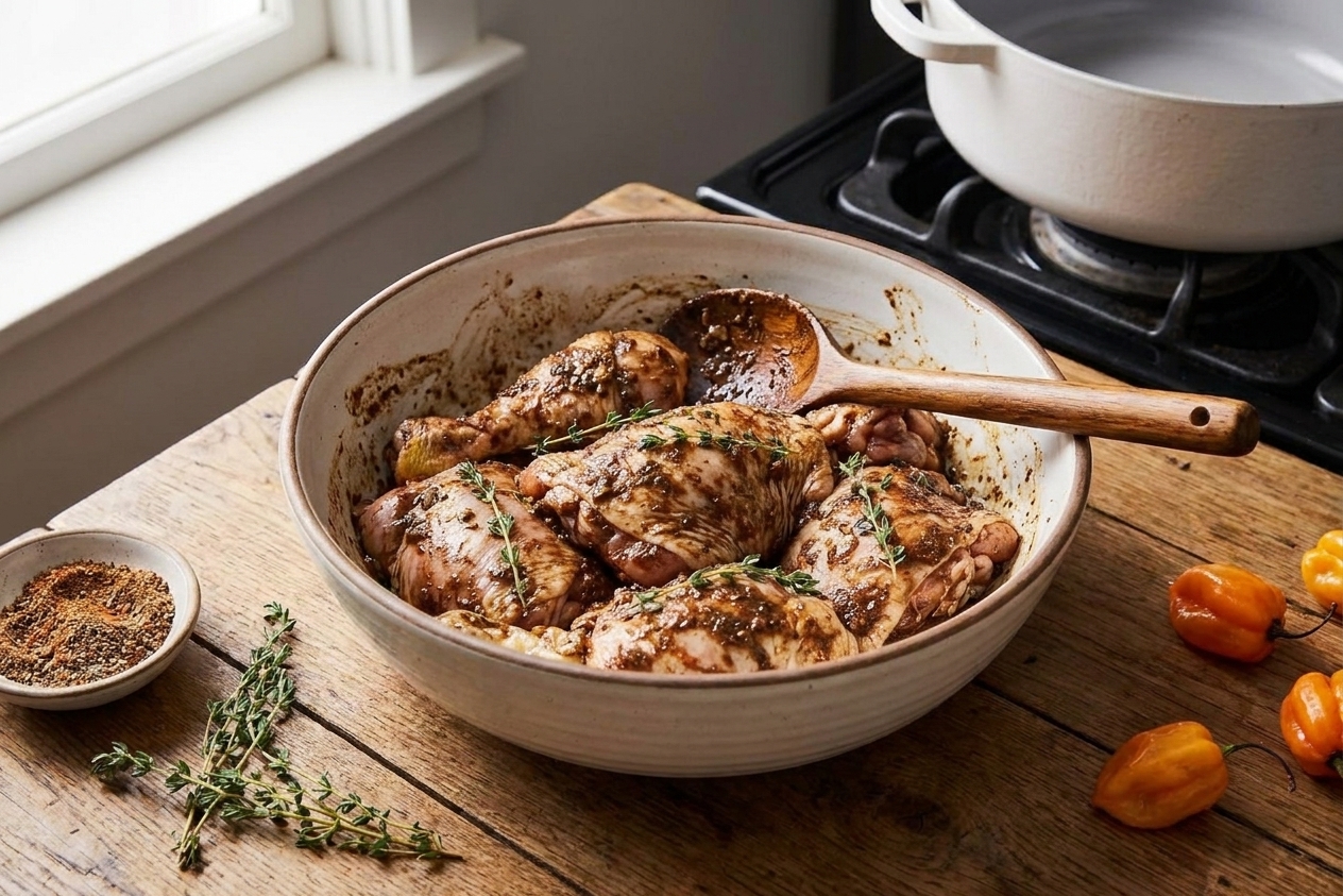 Chicken thighs and drumsticks in a mixing bowl coated with spices and herbs, ready to be browned on the stove
