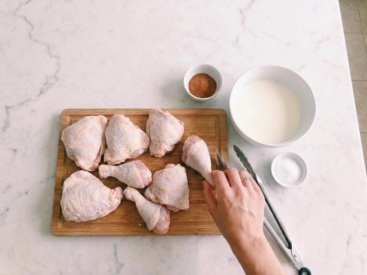 Chicken thighs and drumsticks on a cutting board next to buttermilk, salt, and spices on a bright kitchen counter