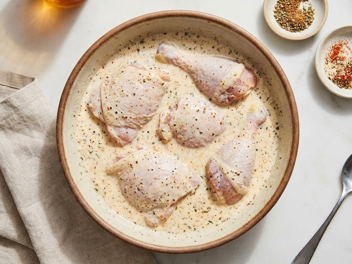 Chicken thighs and drumsticks submerged in seasoned buttermilk in a large bowl on a kitchen counter