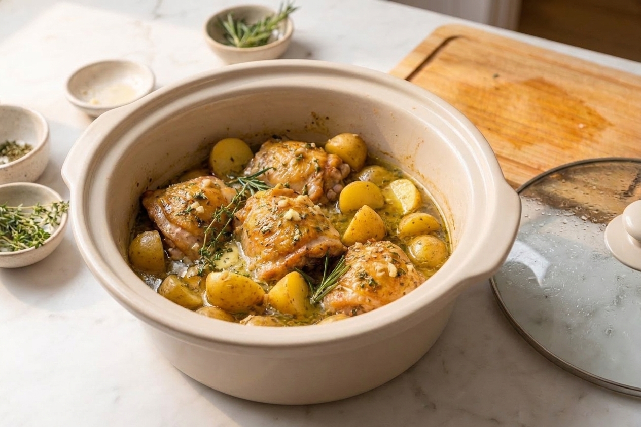 Chicken thighs and potatoes simmering in a slow cooker insert with a glossy garlic herb sauce, lid set nearby on the counter