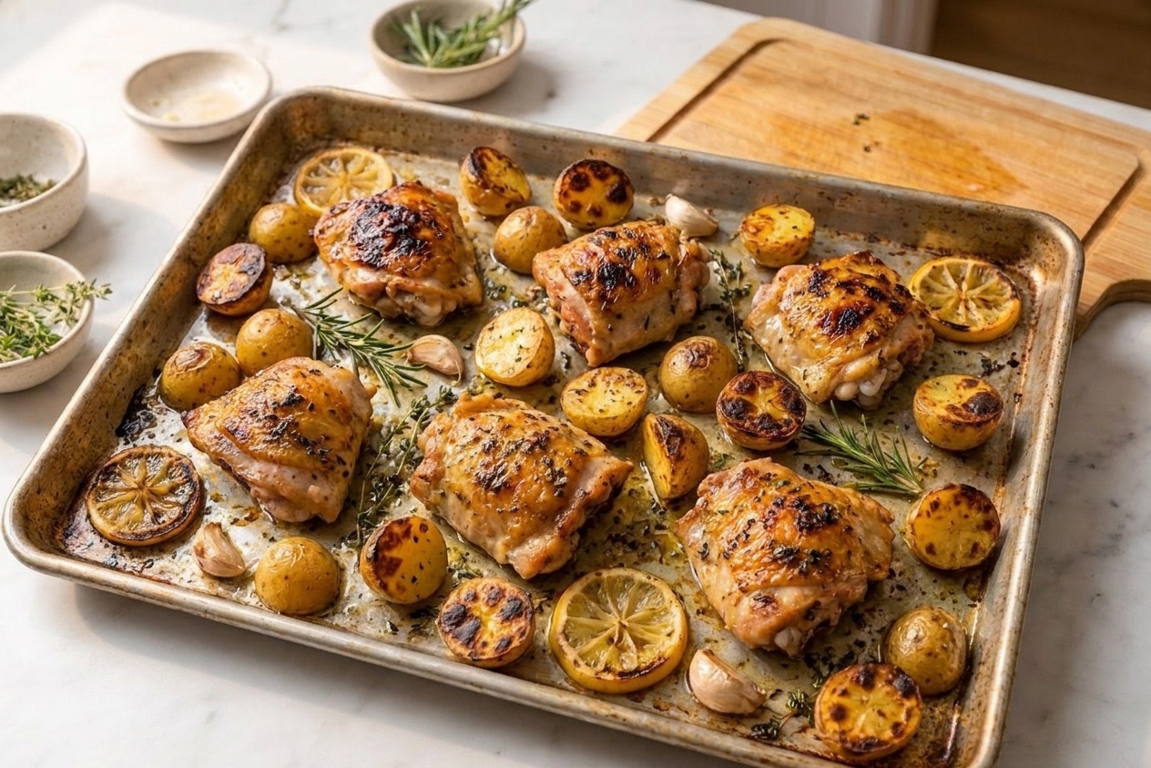 Chicken thighs and roasted potatoes on a sheet pan with golden browned edges right after broiling in a home kitchen