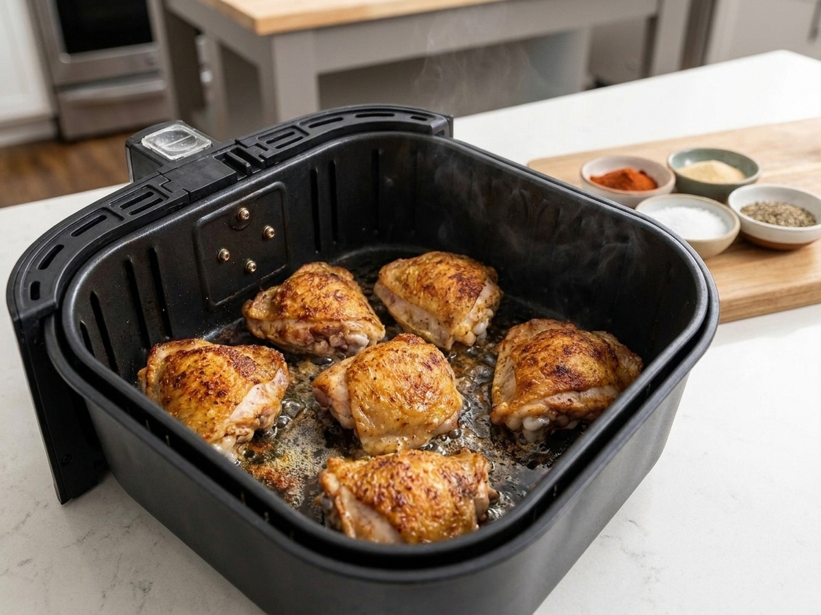 Chicken thighs arranged in a single layer inside an air fryer basket mid-cook, skin sizzling and turning golden under bright kitchen lighting