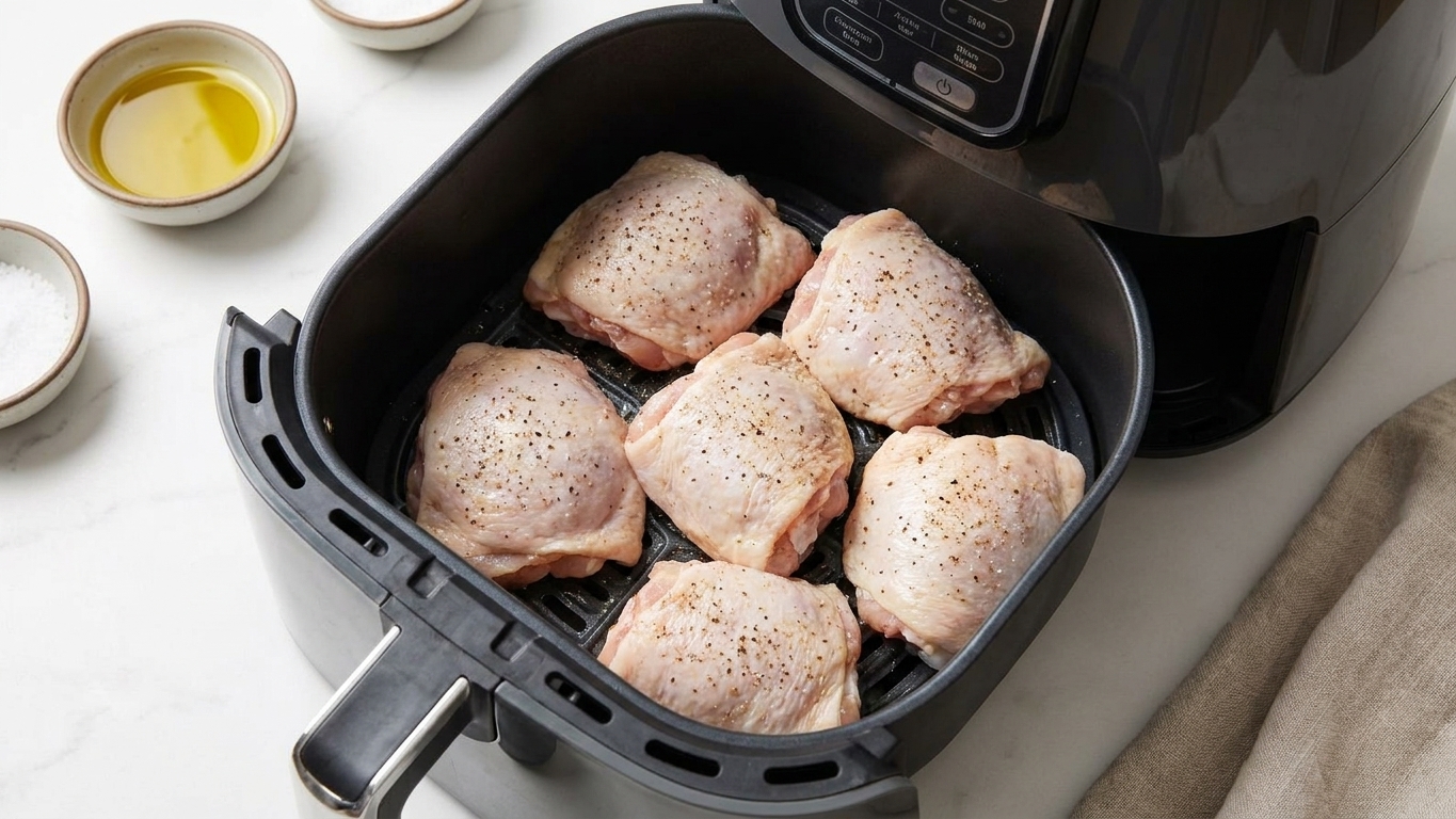 Chicken thighs arranged skin-side down in a Ninja air fryer basket on a clean kitchen counter
