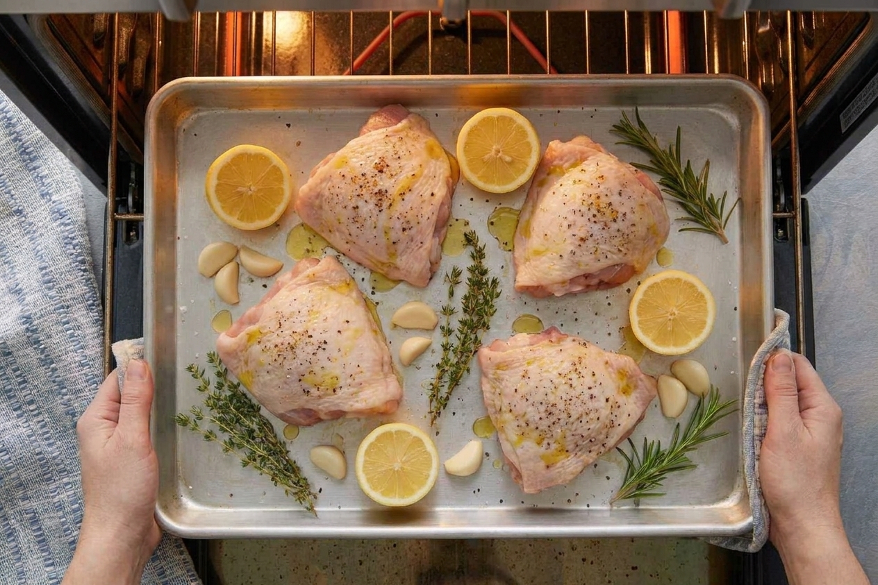 Chicken thighs arranged skin-side up on a sheet pan with lemon halves and garlic cloves, ready to go into a hot oven