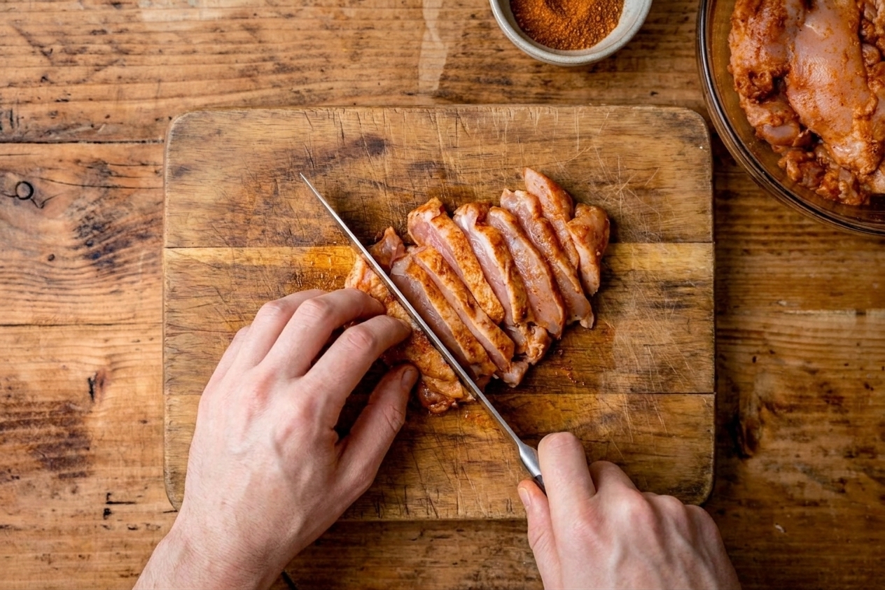 Chicken thighs being sliced into thin strips on a cutting board with a chef's knife