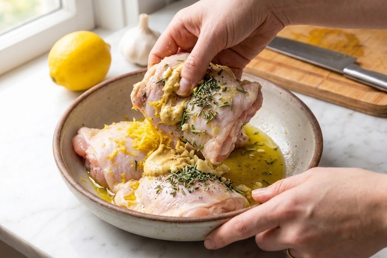 Chicken thighs being tossed with lemon zest, Dijon mustard, and garlic in a mixing bowl