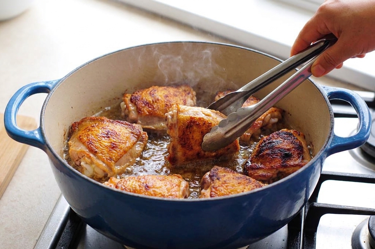 Chicken thighs browning in a Dutch oven on a stovetop with a golden crust forming
