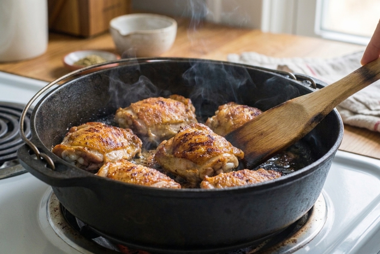 Chicken thighs browning in a Dutch oven with golden edges and light steam rising