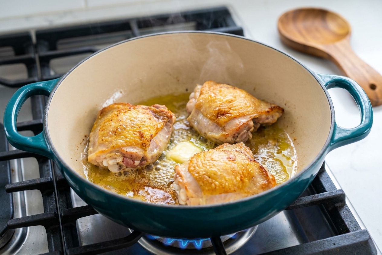 Chicken thighs browning in a Dutch oven with sizzling butter and oil on a stovetop, golden edges forming
