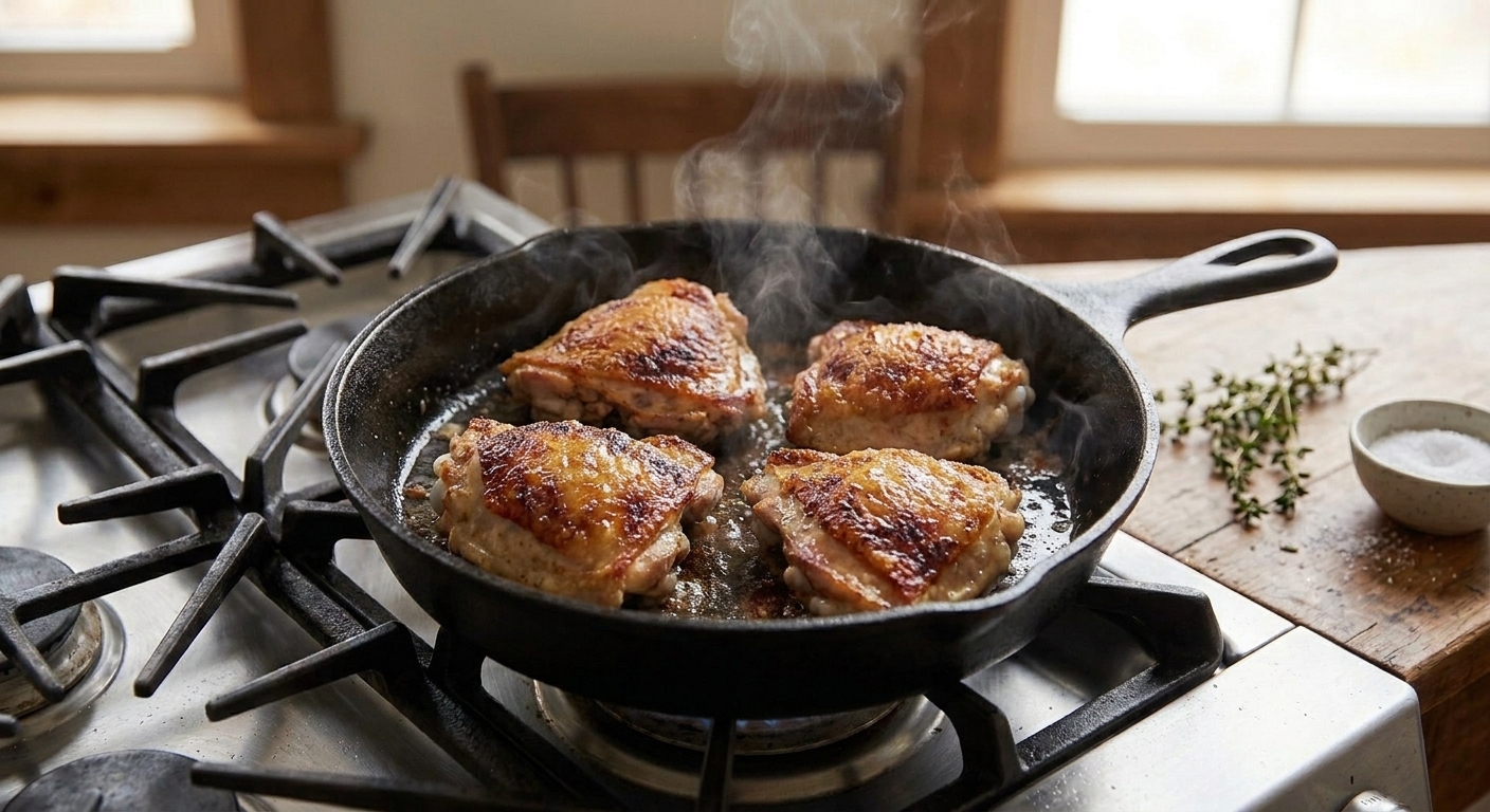 Chicken thighs browning in a cast iron skillet on a stovetop with visible golden crust and sizzling edges