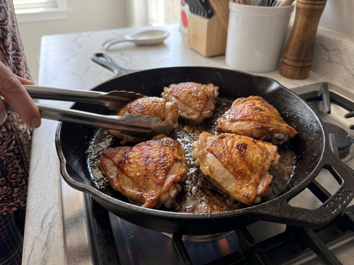 Chicken thighs browning in a cast iron skillet with golden crisp edges