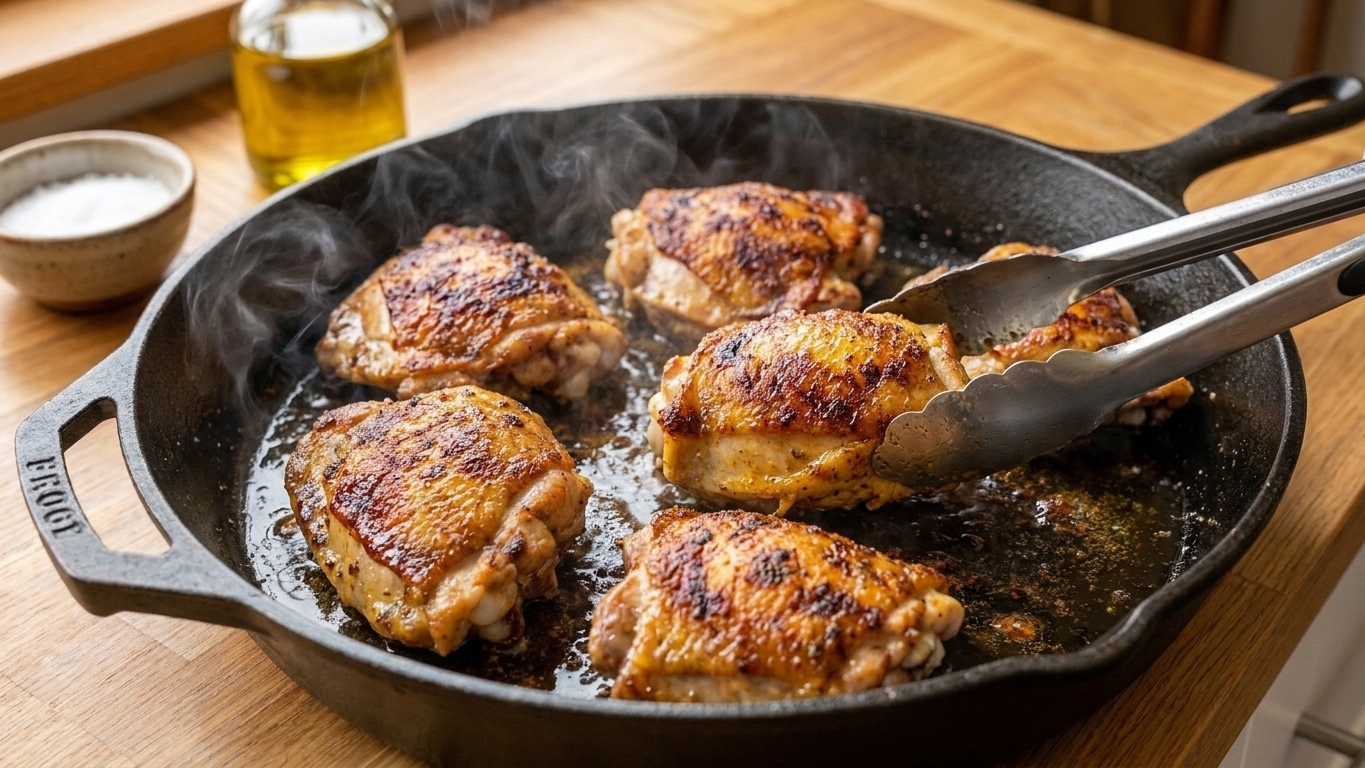 Chicken thighs browning in a cast iron skillet with visible golden crust forming on the surface