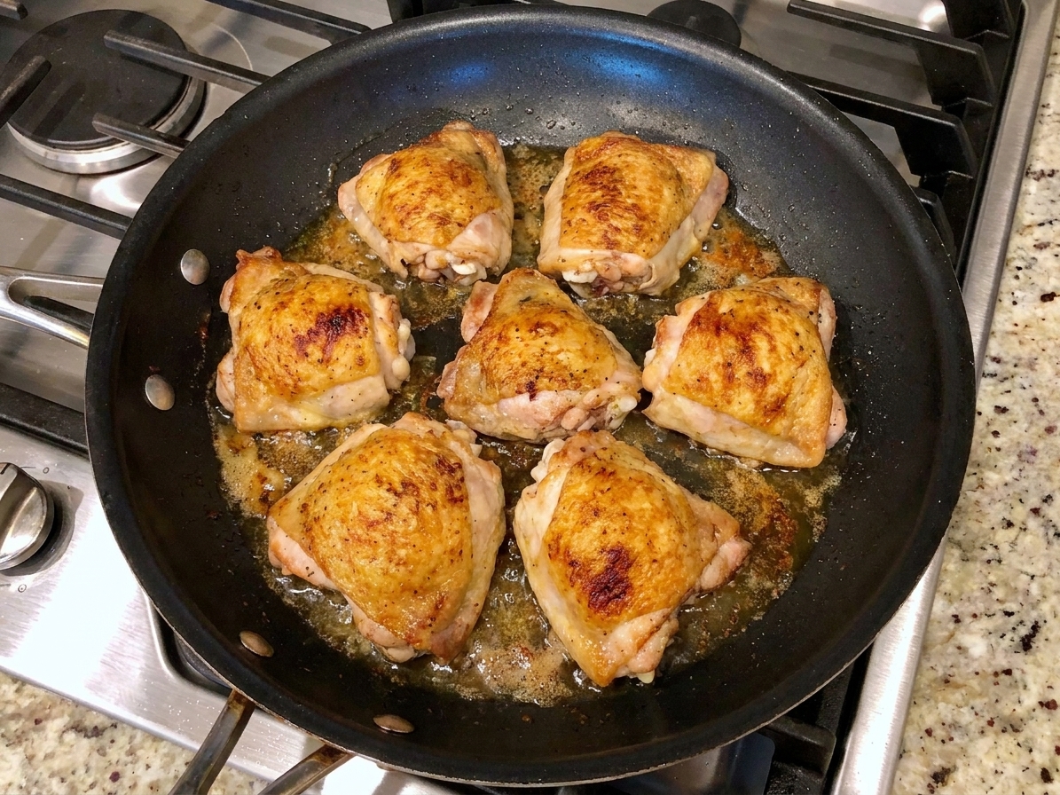 Chicken thighs browning in a dark skillet on a home stovetop, with crisping edges and rendered fat in the pan
