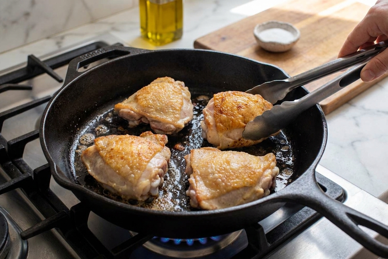 Chicken thighs browning in a dark skillet on a stovetop with visible golden skin and light bubbling fat, home kitchen scene