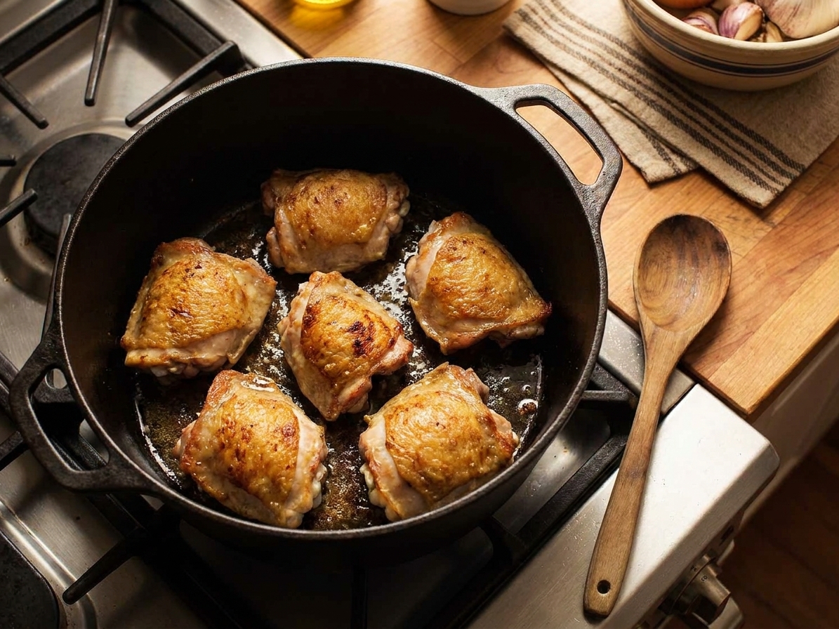Chicken thighs browning in a heavy soup pot on a stovetop with a wooden spoon nearby, warm kitchen lighting