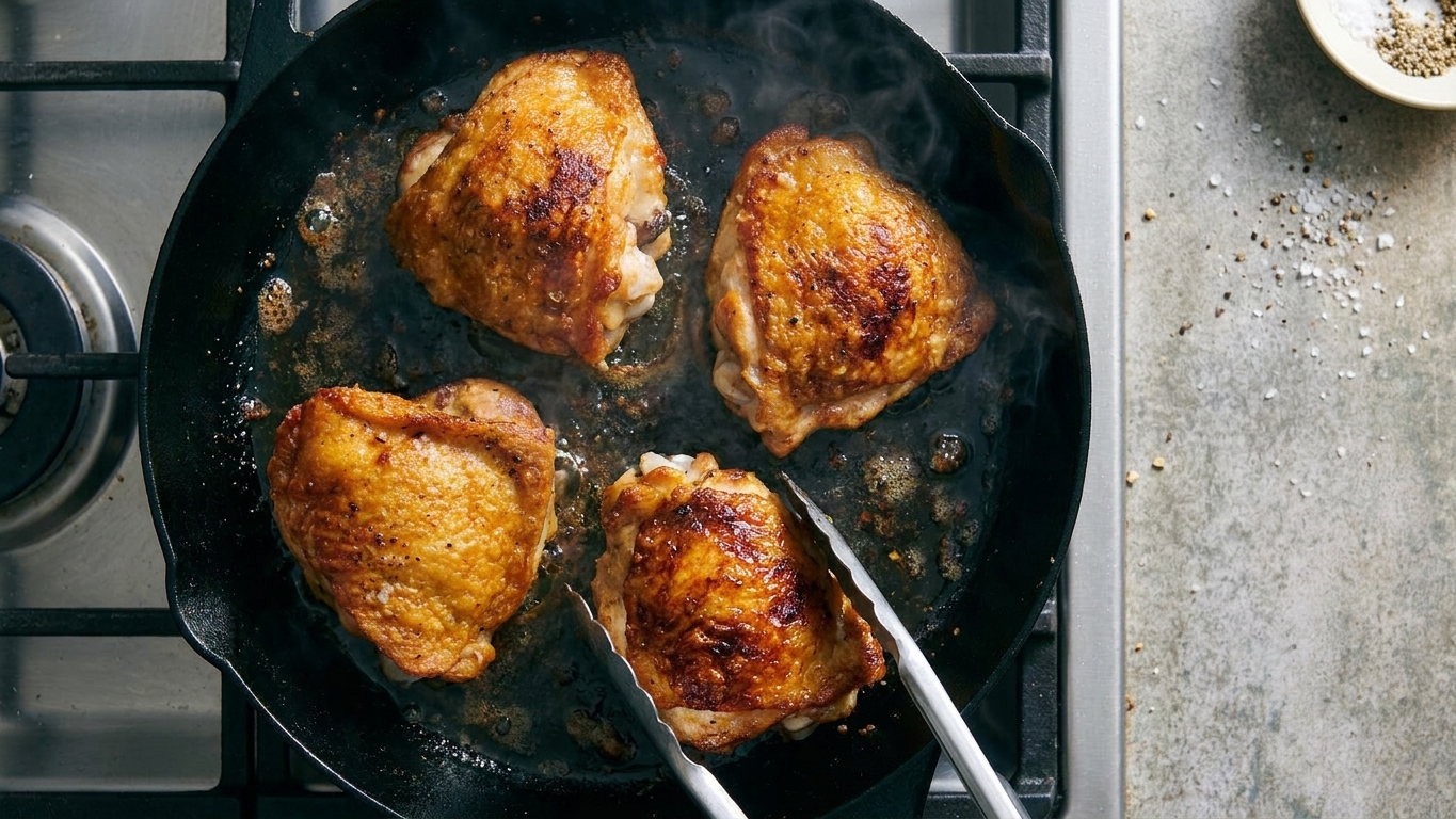 Chicken thighs browning in a hot skillet on a stovetop with a deep golden crust forming on the surface