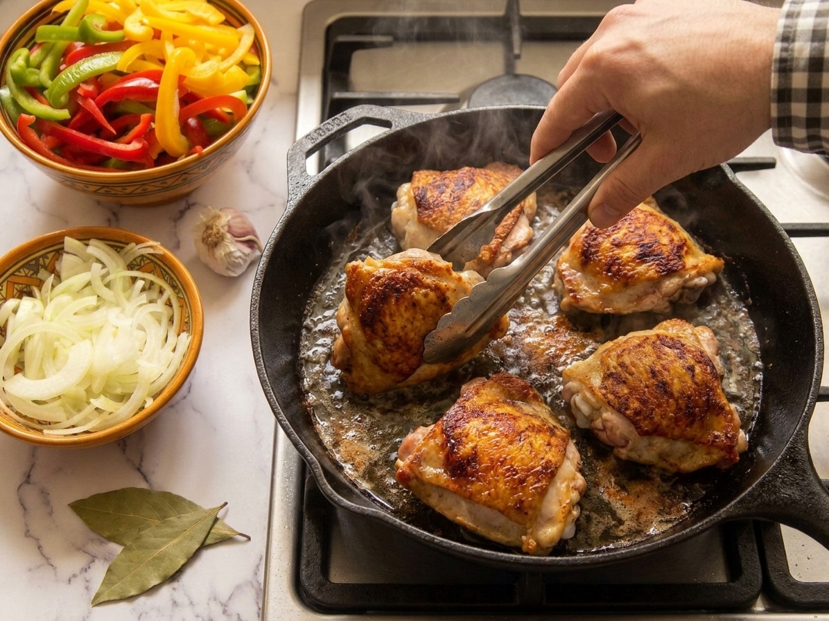 Chicken thighs browning in a hot skillet with a golden crust forming on a home stove