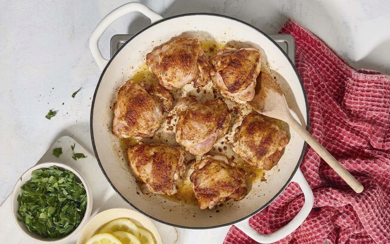 Chicken thighs browning in a hot skillet with a visible golden crust forming on the surface