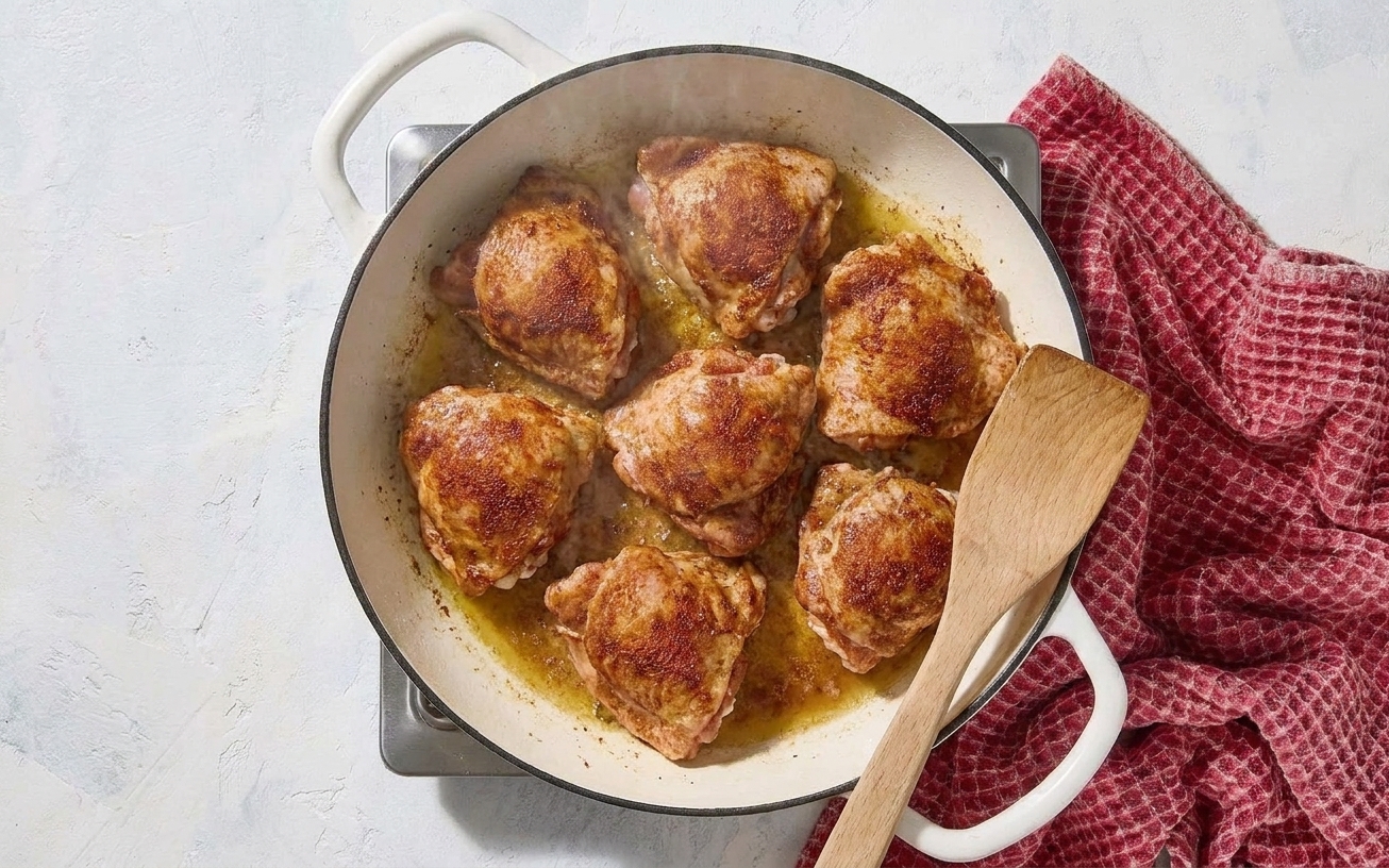 Chicken thighs browning in a hot skillet with golden edges forming, viewed from above