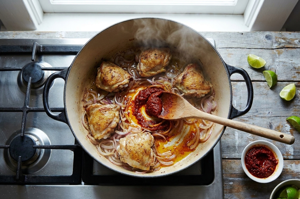Chicken thighs browning in a pot with sautéed onions and a spoonful of Thai red curry paste being stirred in