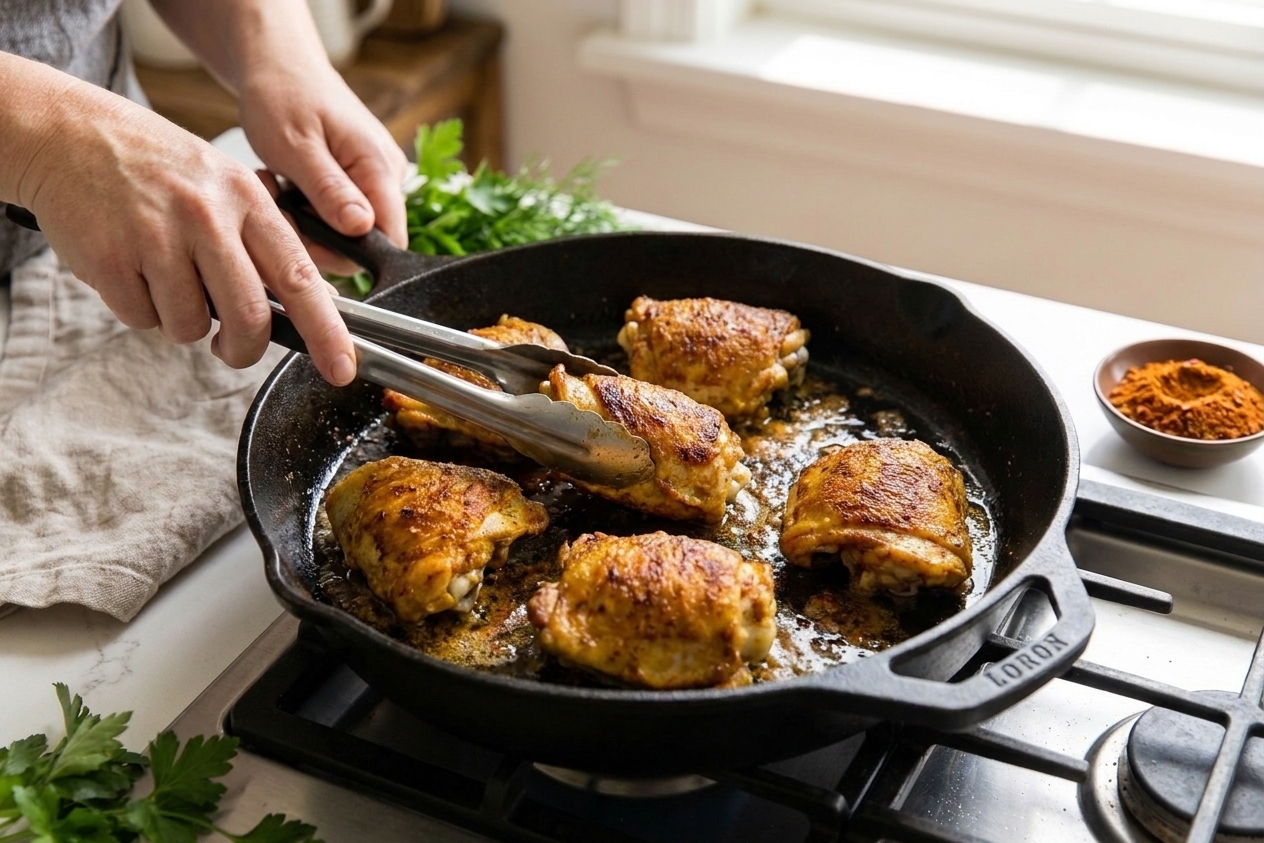 Chicken thighs browning in a skillet with visible golden edges on a stovetop