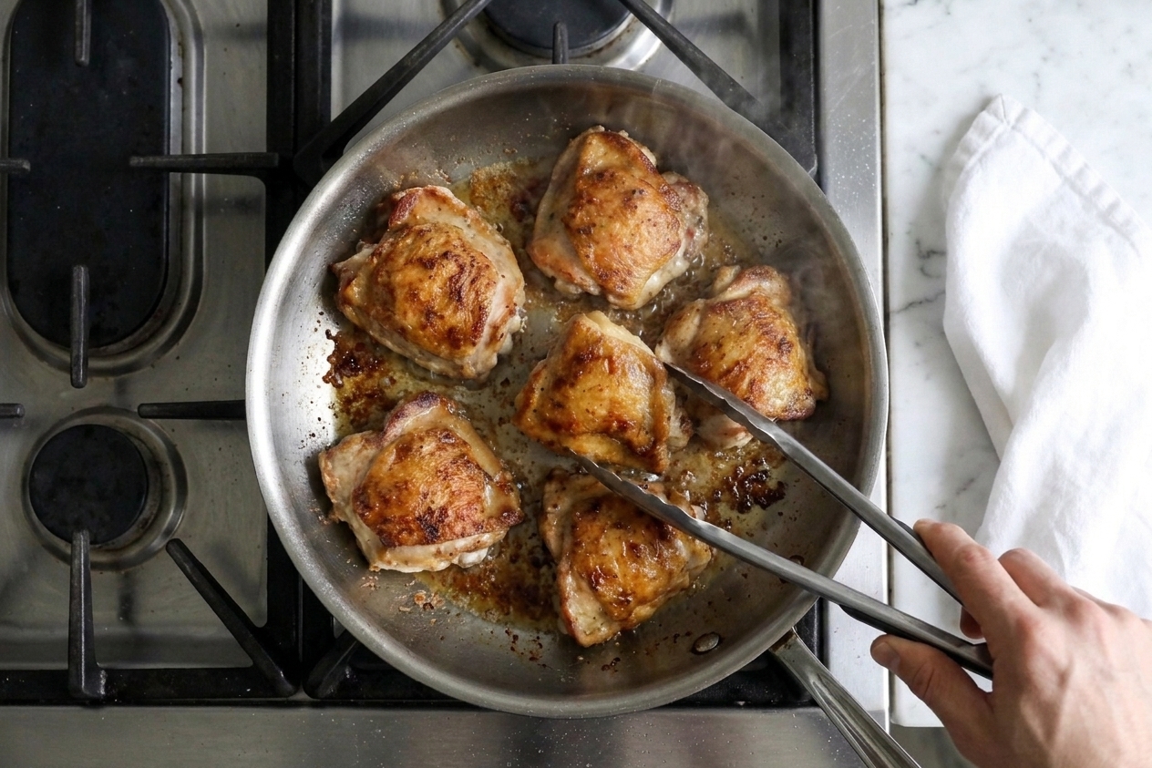 Chicken thighs browning in a stainless steel skillet with visible golden crust forming, shot over a stovetop in a home kitchen
