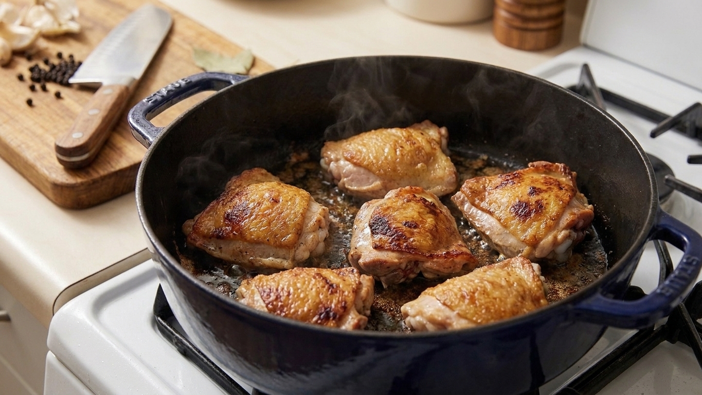 Chicken thighs browning skin-side down in a Dutch oven on a stovetop with golden crisp edges forming