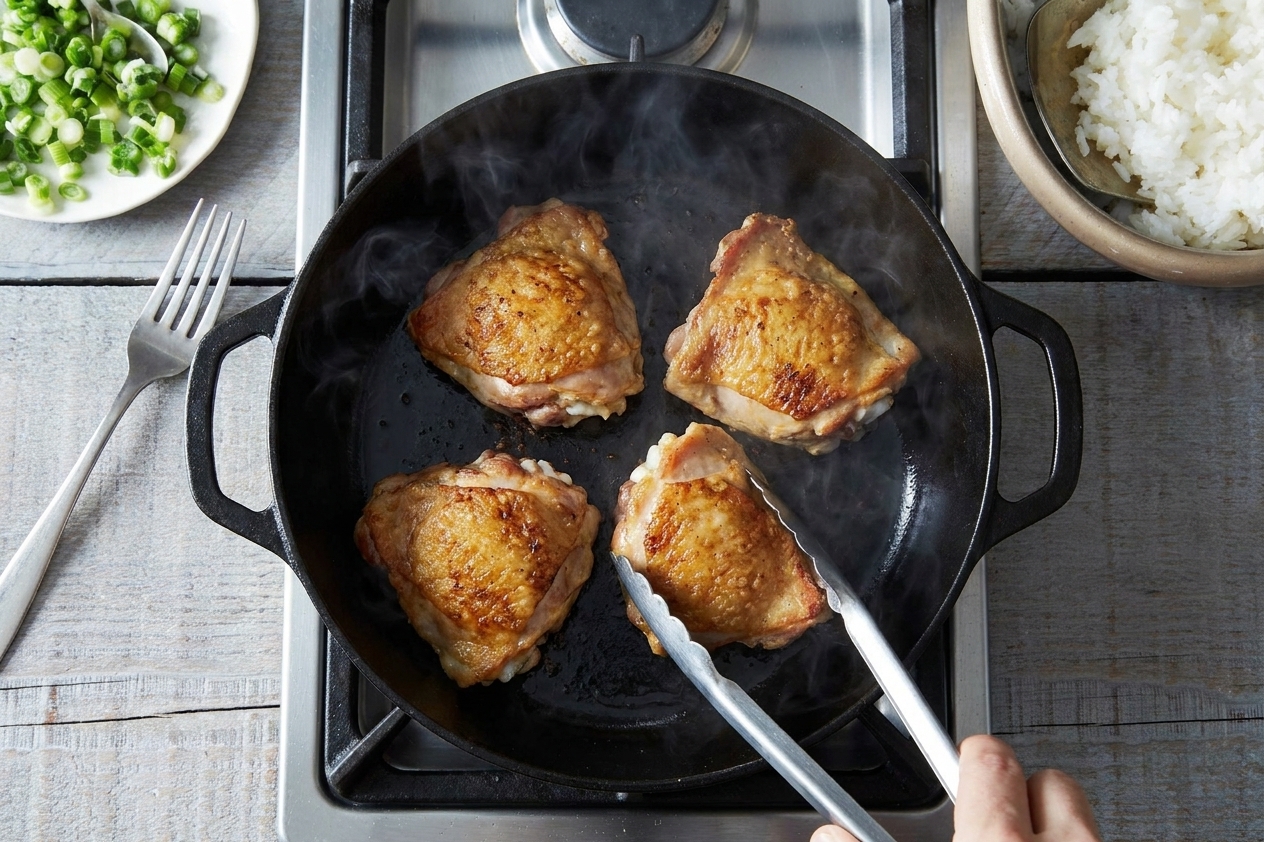Chicken thighs browning skin-side down in a Dutch oven on a stovetop with light steam rising
