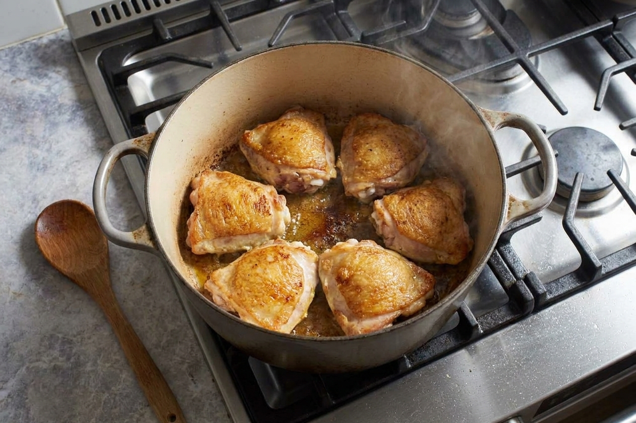 Chicken thighs browning skin-side down in a Dutch oven on a stovetop with a wooden spoon nearby