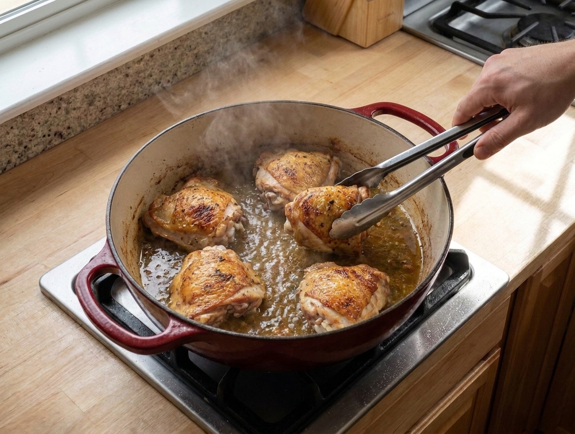 Chicken thighs browning skin-side down in a Dutch oven with sizzling oil on a stovetop