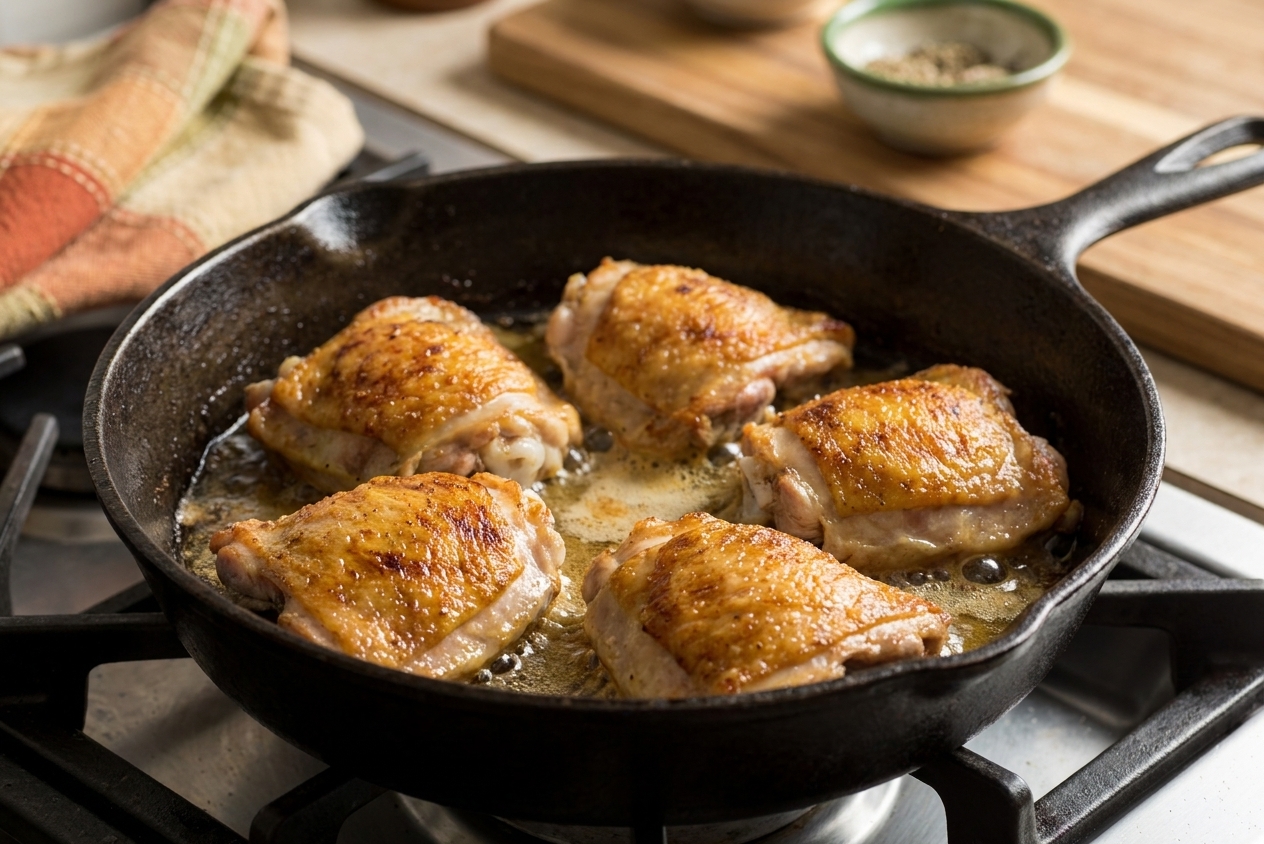 Chicken thighs browning skin-side down in a cast iron skillet on a stovetop with light golden rendered fat in the pan