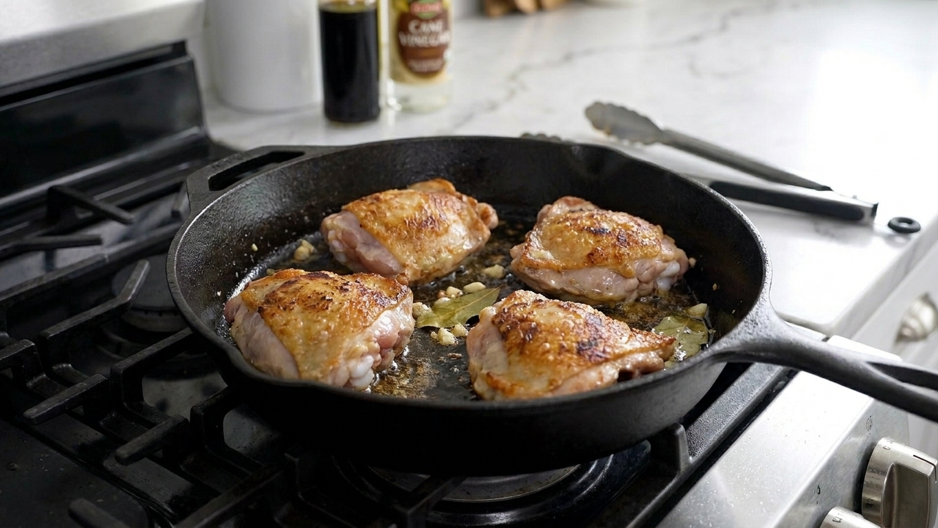 Chicken thighs browning skin-side down in a deep skillet with golden crisp edges forming