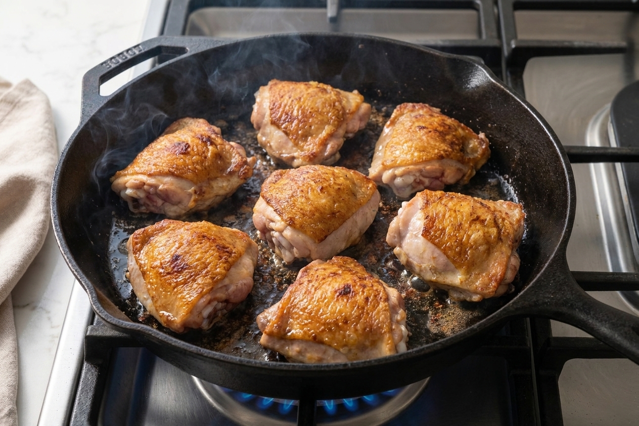 Chicken thighs browning skin-side down in a hot skillet with sizzling fat, photographed over a stovetop