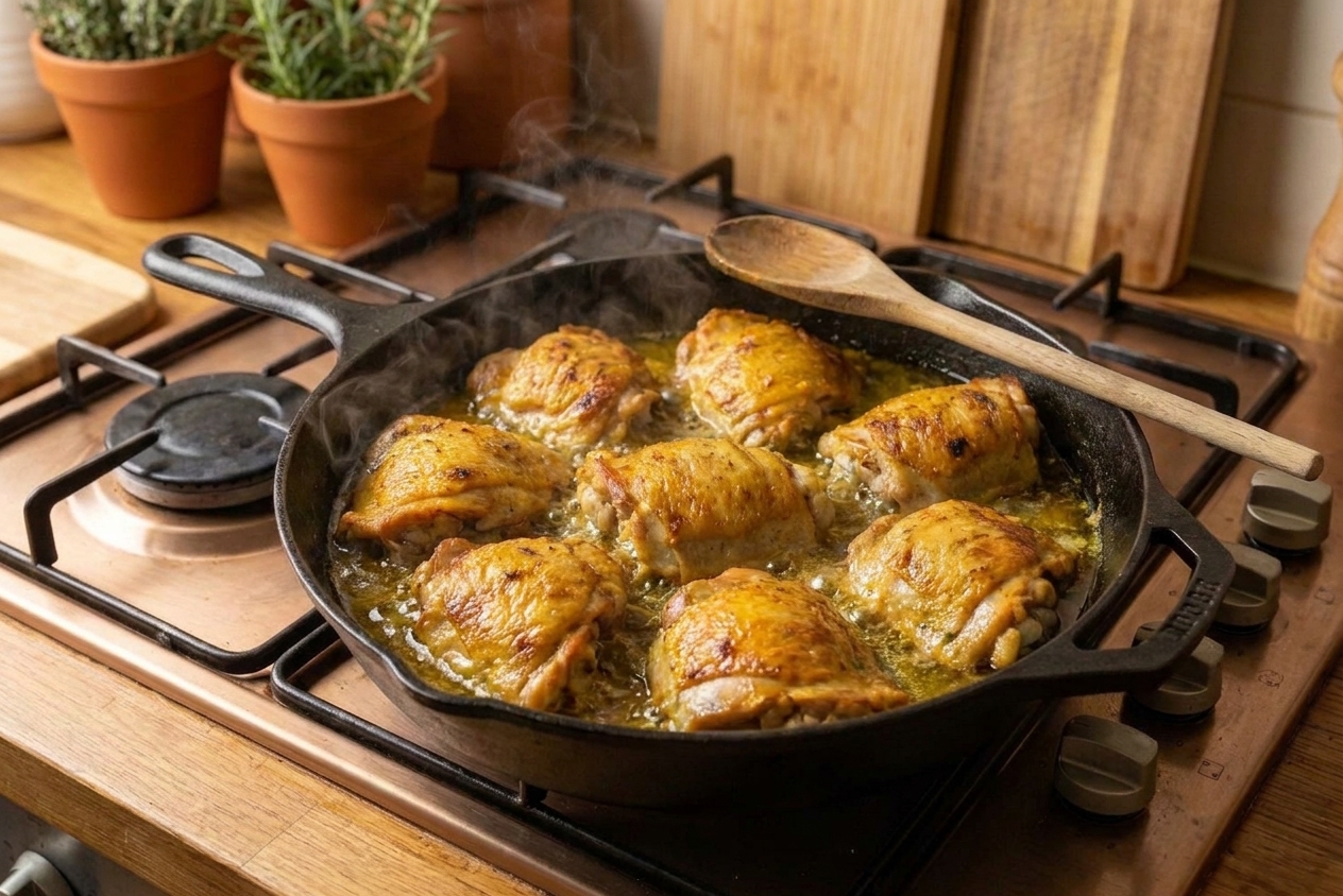 Chicken thighs browning skin-side down in a hot skillet with shimmering oil on a home stove