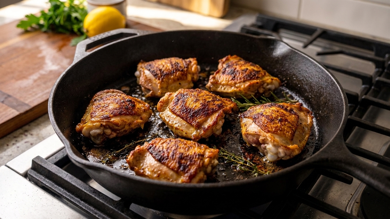 Chicken thighs browning skin-side down in a large skillet on a home stove with visible golden crisp edges and rendered fat in the pan