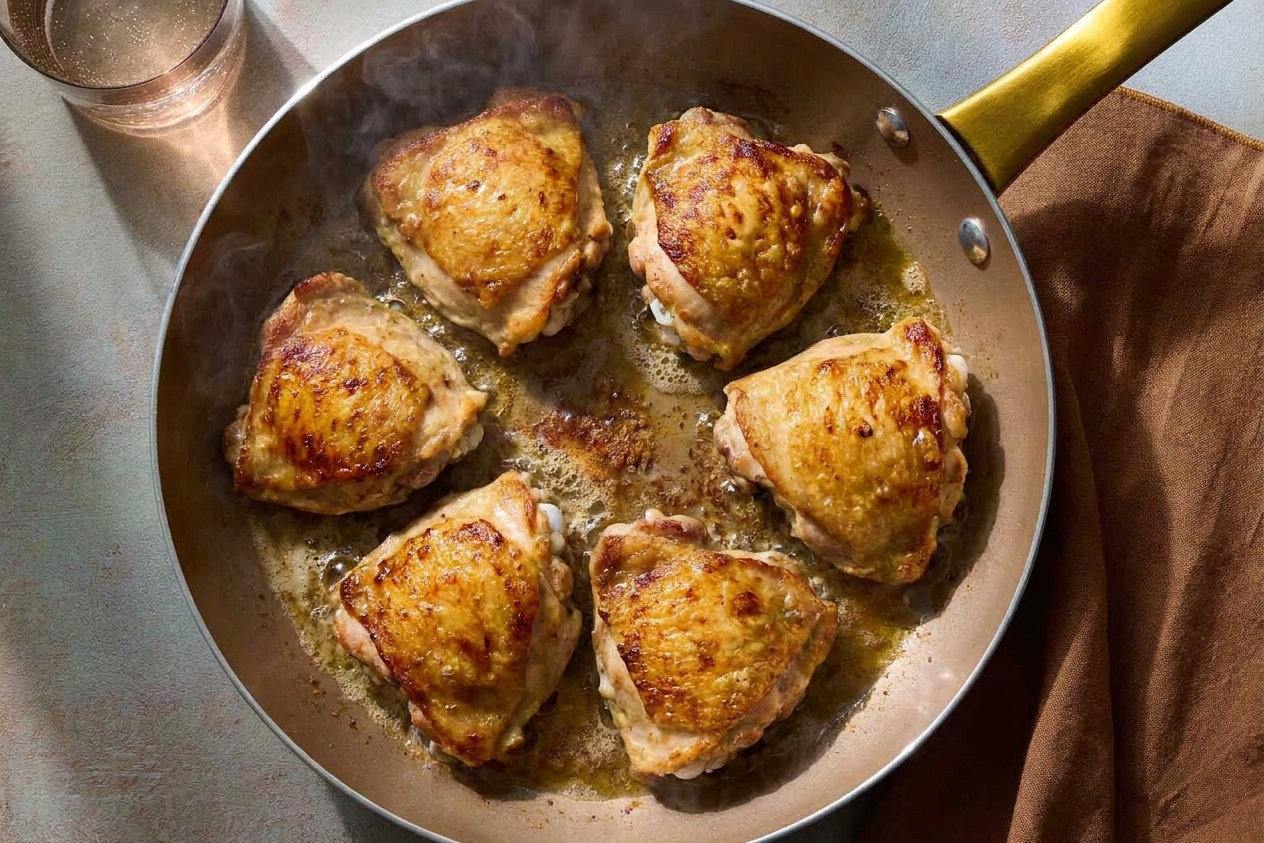 Chicken thighs browning skin-side down in a large skillet with golden crisp edges forming