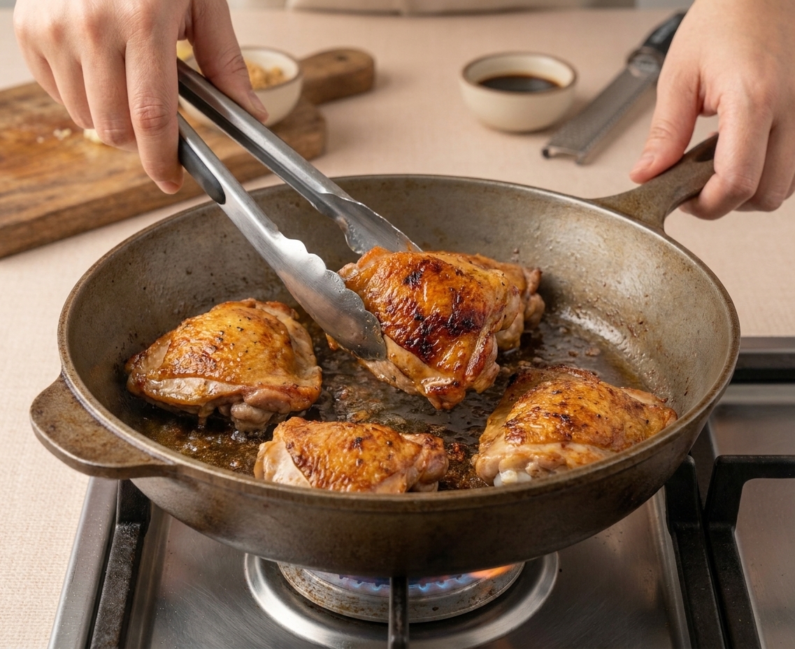 Chicken thighs browning skin-side down in a wide skillet on a stovetop with golden, crisping skin