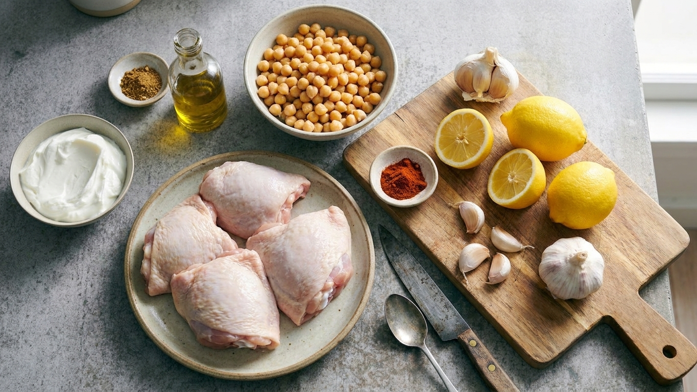 Chicken thighs, canned chickpeas, lemon, garlic, plain yogurt, olive oil, and spices arranged on a clean kitchen counter in natural window light