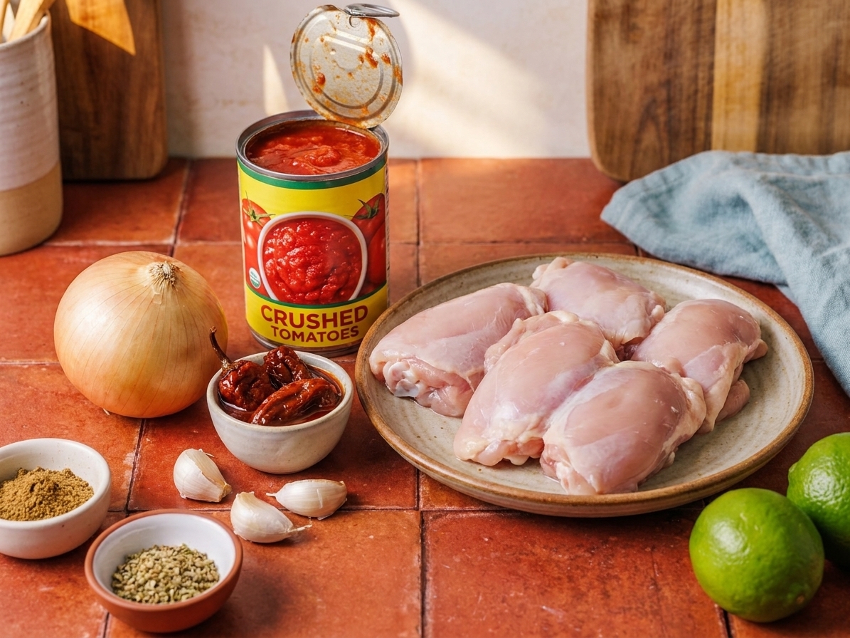 Chicken thighs, canned tomatoes, chipotle peppers in adobo, onion, garlic, spices, and limes arranged on a clean kitchen counter in warm natural light