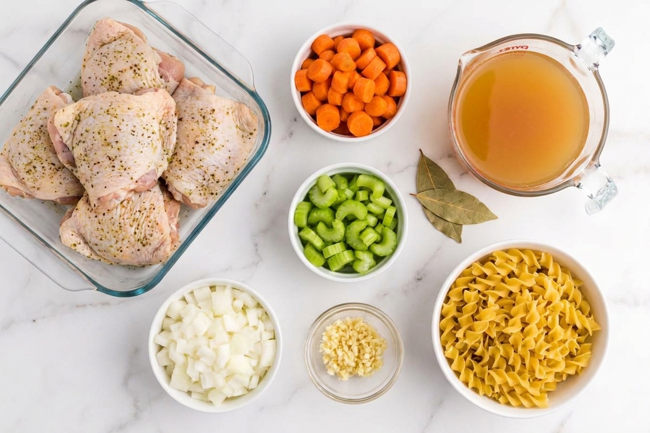Chicken thighs, carrots, celery, onion, garlic, broth, bay leaves, and egg noodles arranged on a kitchen counter