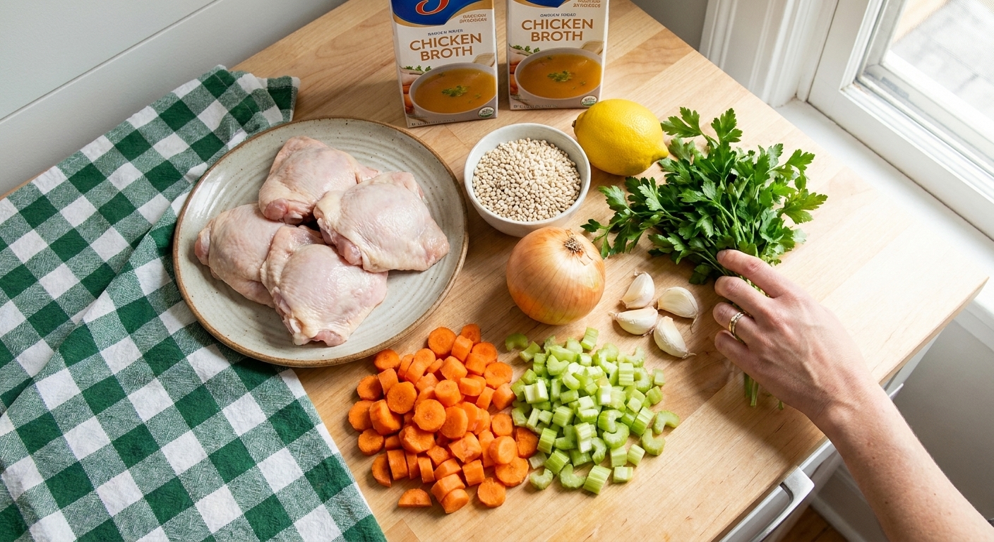 Chicken thighs, carrots, celery, onion, garlic, pearled barley, lemon, parsley, and cartons of chicken broth arranged on a bright kitchen counter
