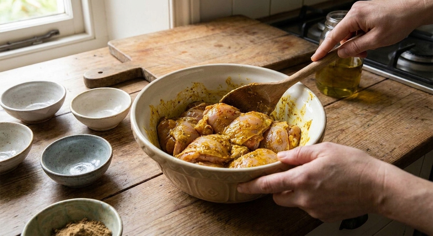 Chicken thighs coated in a golden shawarma marinade inside a mixing bowl on a kitchen counter