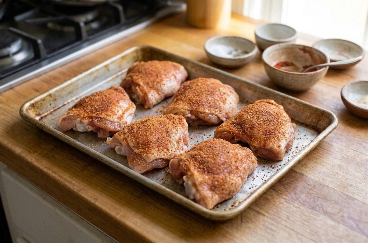 Chicken thighs coated in a reddish BBQ dry rub on a rimmed baking sheet on a bright kitchen counter