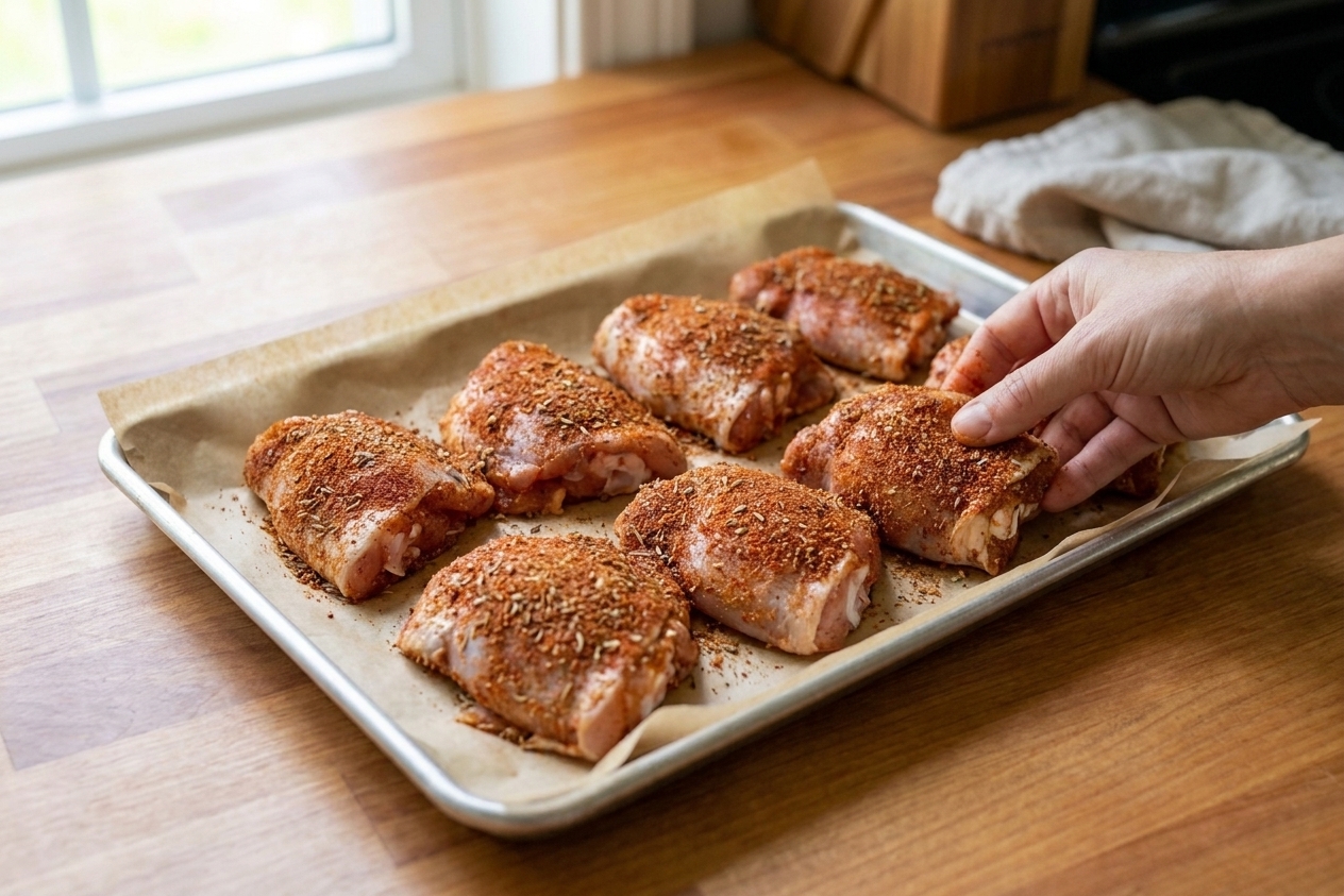 Chicken thighs coated in a reddish seasoning rub arranged on a parchment-lined sheet pan on a warm kitchen counter