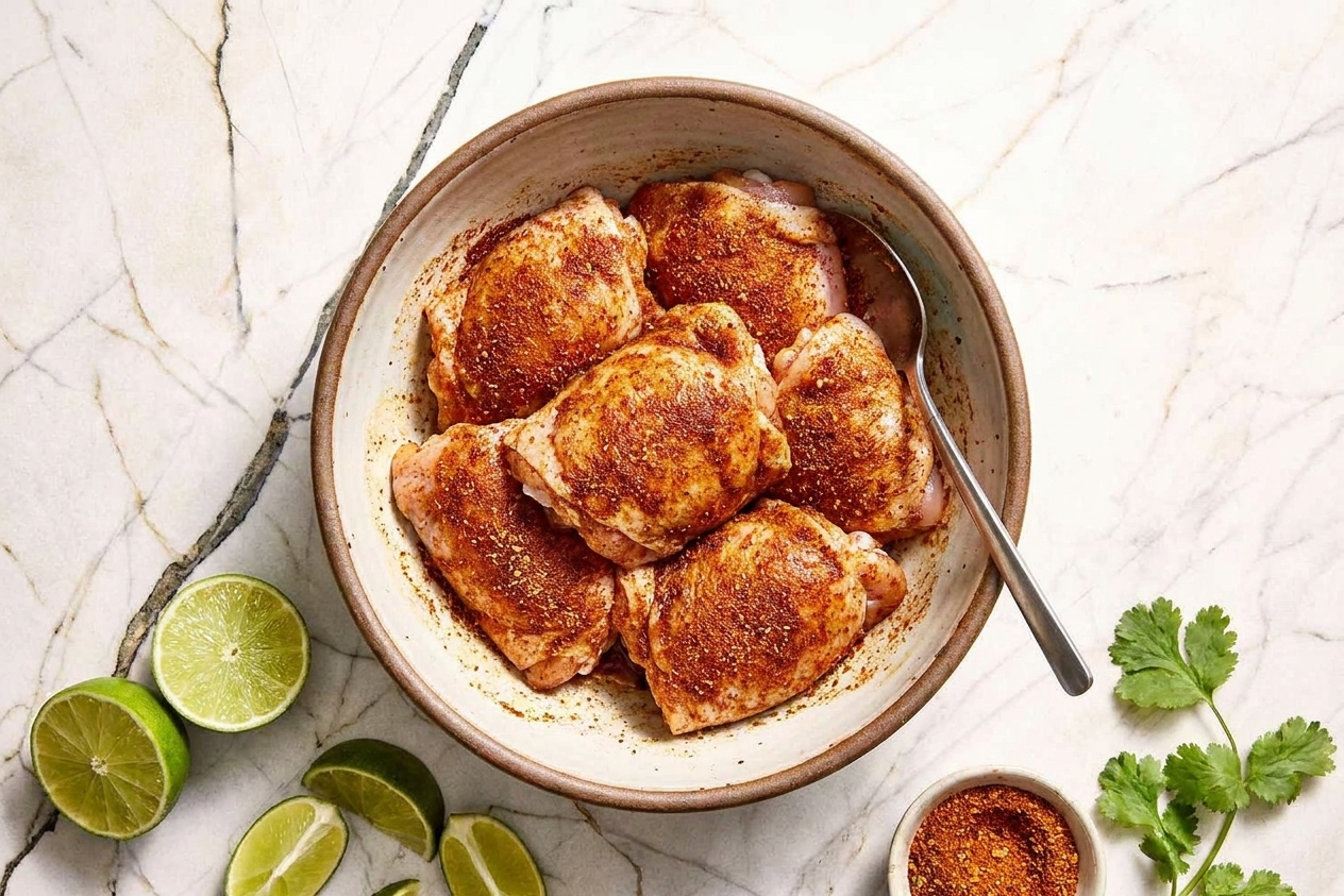 Chicken thighs coated in chili lime spices in a mixing bowl on a kitchen counter with a spoon and lime halves nearby