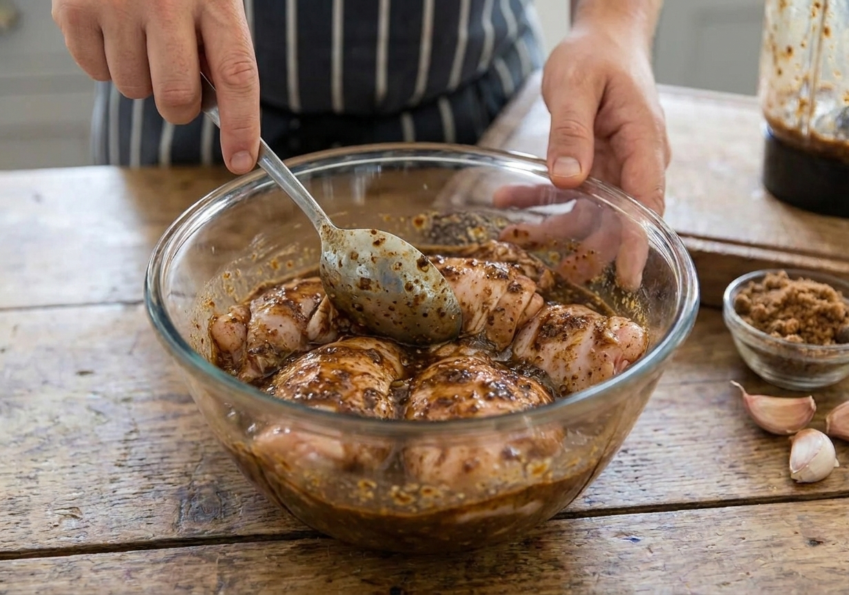 Chicken thighs coated in dark jerk sauce in a glass mixing bowl on a kitchen counter, ready to marinate