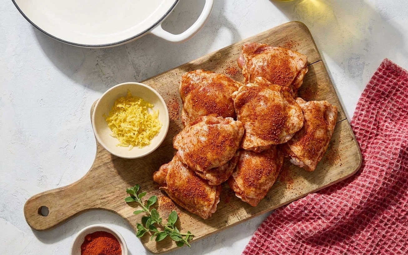 Chicken thighs coated in paprika and spices on a wooden cutting board next to a bowl of lemon zest
