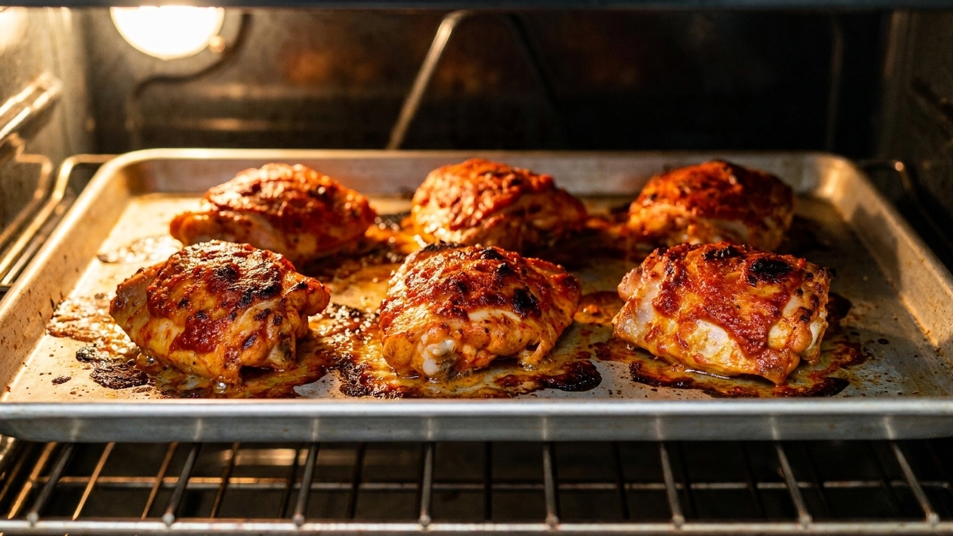 Chicken thighs coated in red piri piri marinade roasting on a sheet pan in an oven with browned, crisping edges